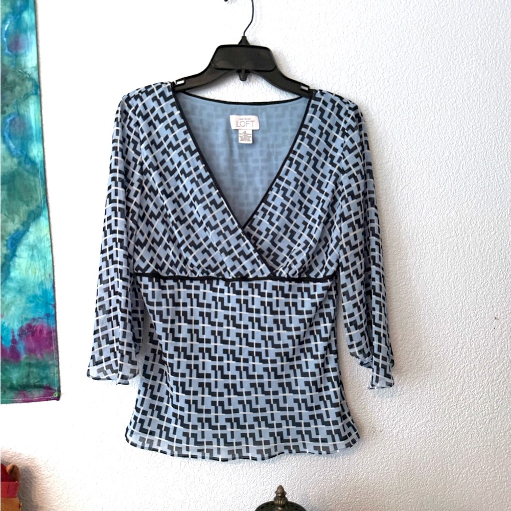 LOFT Blue Geometric Wrap-Style Blouse with Black Trim